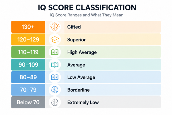 Illustration comparing IQ score ranges from average to gifted with career and academic implications