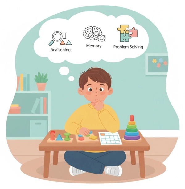 Illustration explaining what an IQ test measures in children, including reasoning, memory, and problem-solving skills