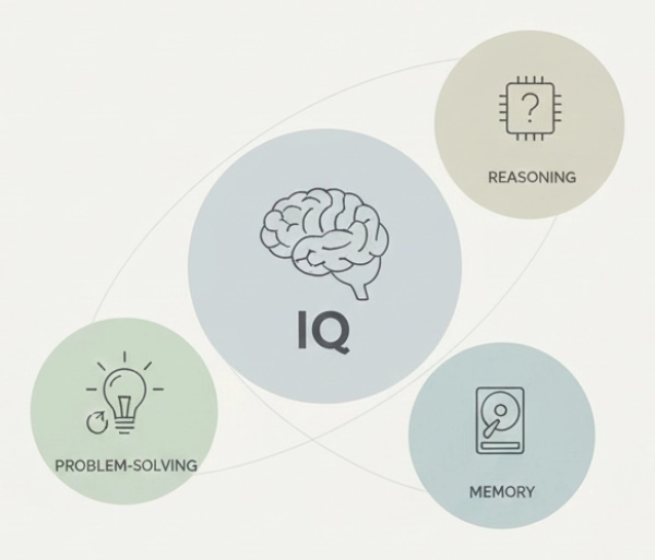 Diagram illustrating cognitive abilities measured by IQ tests such as reasoning, memory, and problem-solving