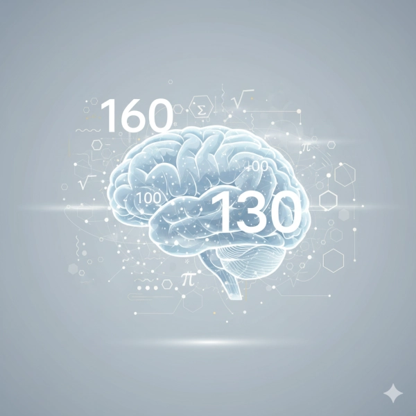 Illustration representing intelligence quotient, showing human brain, numbers, and abstract thinking concepts