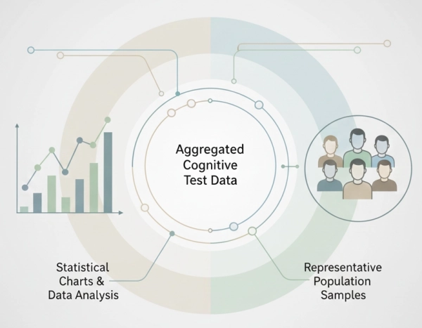 Conceptual illustration explaining national IQ as an average based on sampled intelligence test data