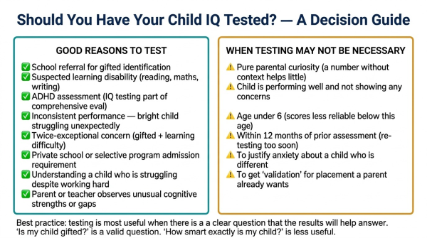 Decision guide showing which situations warrant formal IQ testing for a child and which do not need professional assessment