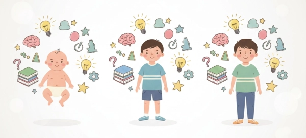 Conceptual illustration showing how children’s IQ scores and cognitive abilities can change as they grow and develop