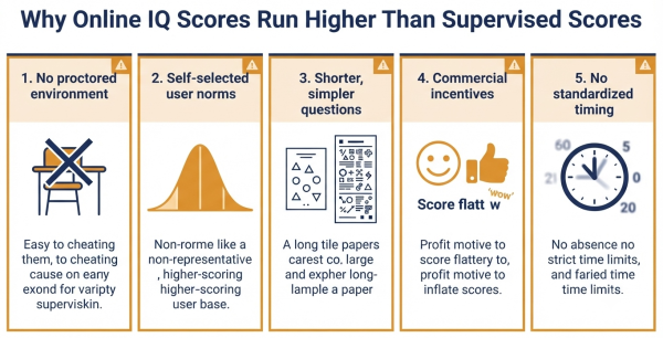 Why online IQ tests give inflated scores — five reasons including non-representative norms and no supervision