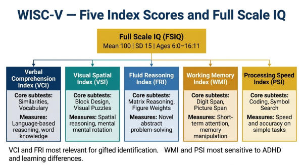 Diagram showing the WISC-V structure with five primary index scores and how they combine into the Full Scale IQ for children ages 6 to 16