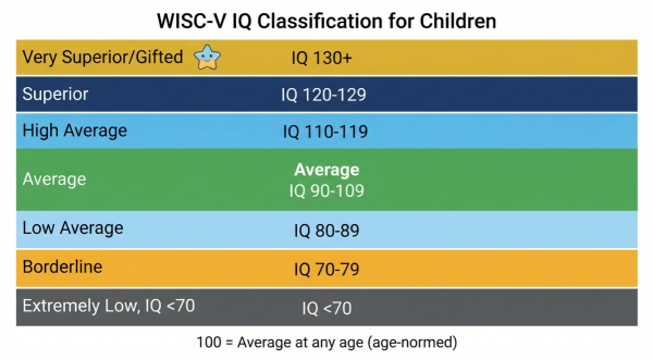 WISC-V IQ classification for children — Very Superior through Extremely Low with percentile ranges and what each means