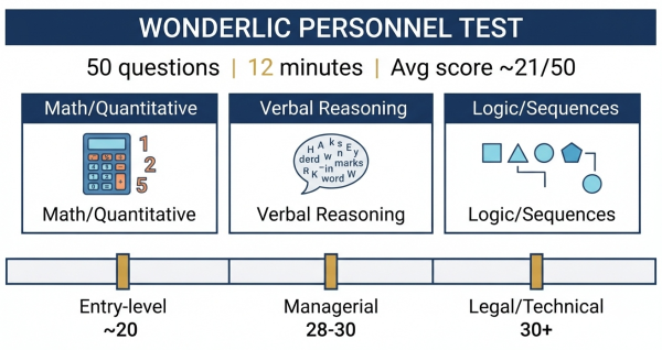 Wonderlic Personnel Test — 50 questions, 12 minutes, what it measures and average scores by role