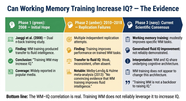Evidence summary showing the research on whether working memory training improves IQ including the Jaeggi 2008 study and subsequent meta-analyses