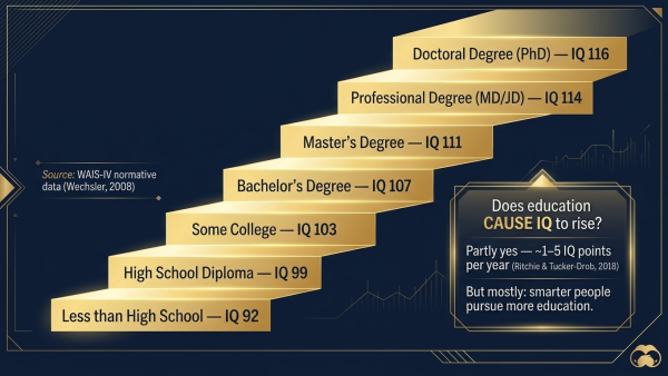 average IQ by education, IQ education level, high school IQ average, college IQ average, PhD IQ average, education and IQ
