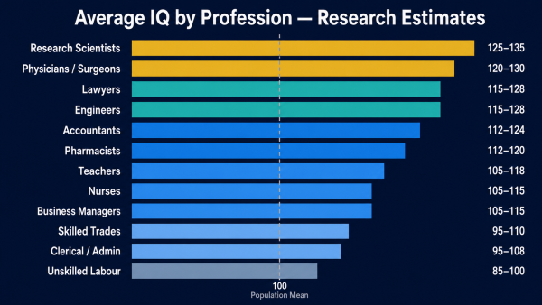 average IQ by profession, IQ by occupation, average IQ doctors lawyers engineers teachers, IQ by job career
