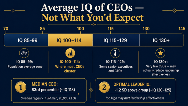 average IQ CEO, CEO IQ score, executive intelligence research, CEO cognitive ability leadership, Fortune 500 CEO IQ