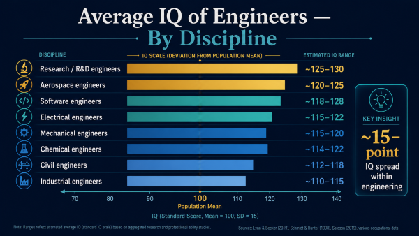 average IQ engineers, engineer IQ score, software engineer IQ, mechanical engineer IQ, engineering intelligence research