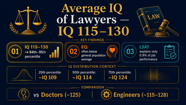 average IQ lawyers, lawyer IQ score, attorney average IQ, LSAT IQ correlation, lawyer intelligence research
