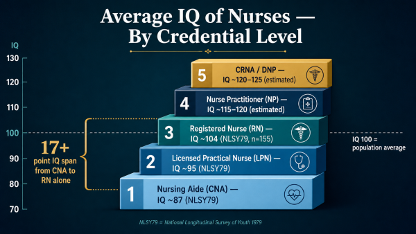 average IQ nurses, nurse IQ score, registered nurse IQ, nursing intelligence research, NP CRNA cognitive ability