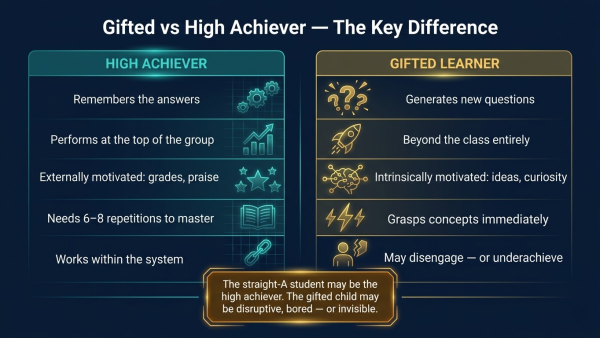 gifted vs high achiever, gifted child characteristics, high achieving child vs gifted, gifted underachiever, twice exceptional child