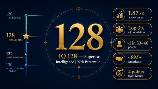 IQ 128, what is IQ 128, IQ 128 meaning, IQ 128 percentile, IQ 128 superior rarity