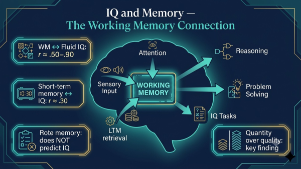 IQ and memory, working memory IQ correlation, does memory affect IQ, memory and intelligence research, working memory fluid intelligence